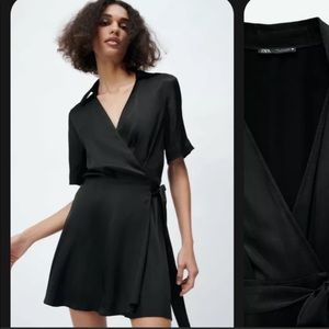 NWOT Zara Black Satin Bow Wrap Dress *Never been worn*